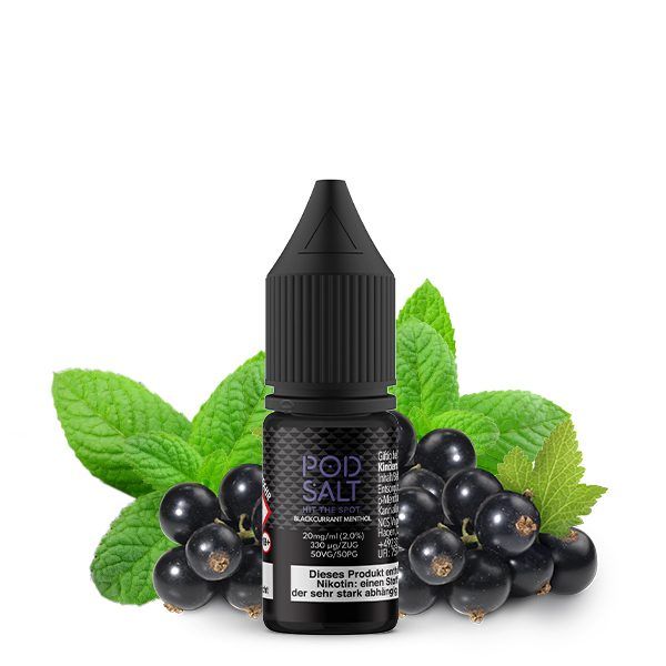 Pod Salt Core Blackcurrant Menthol Nikotinsalz Liquid 10 ml mit schwarzen Johannisbeeren und Minzblättern